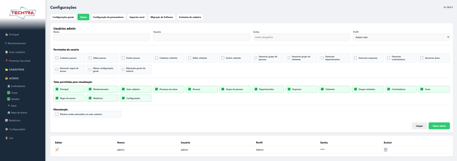 Software de acesso 14 Configuracaoes adm